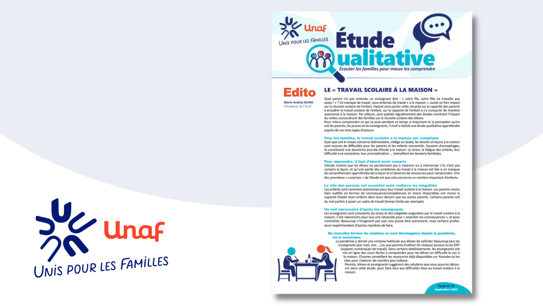 Unaf publie Etude qualitative sur le travail scolaire à la maison